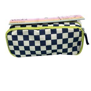 Yoobi Checkerboard Pencil Case With Dual Zipper Compartments & Lime Green Trim